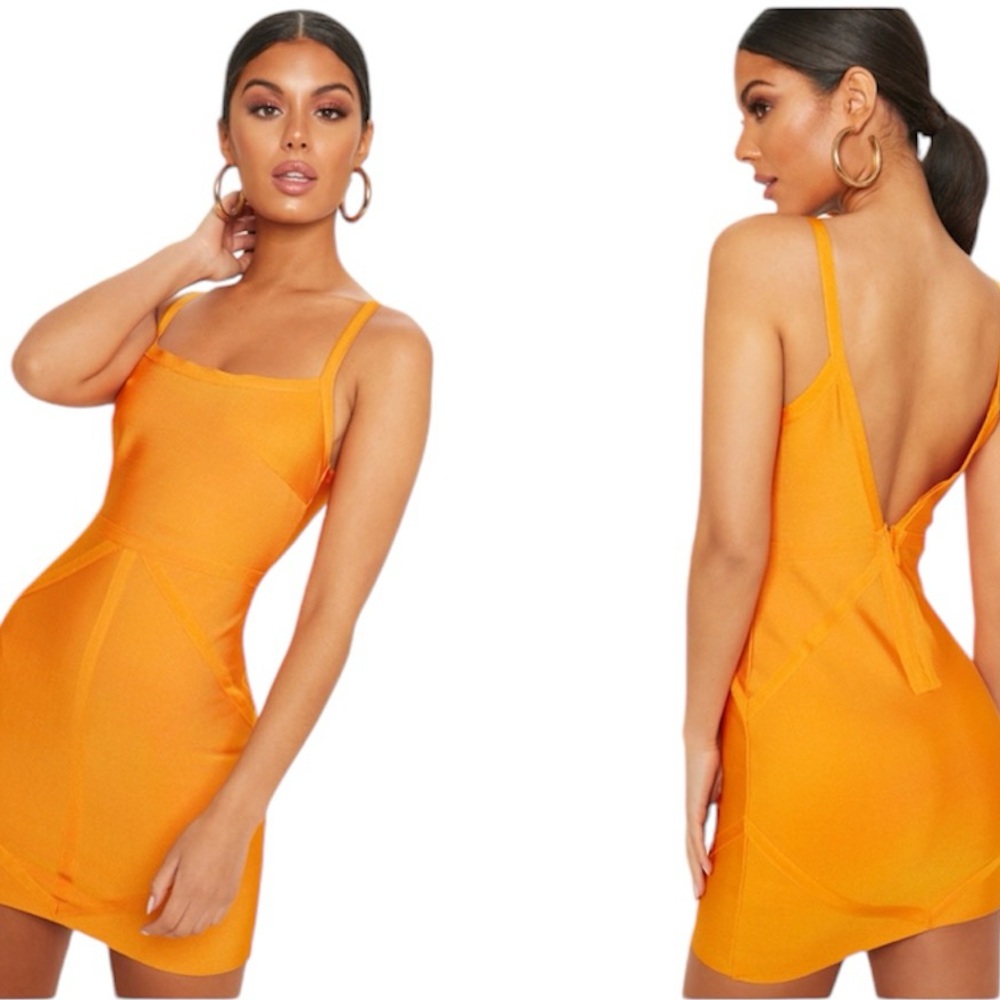 PrettyLittleThing Women’s Bright Orange Strappy square Neck Bodycon Dres…